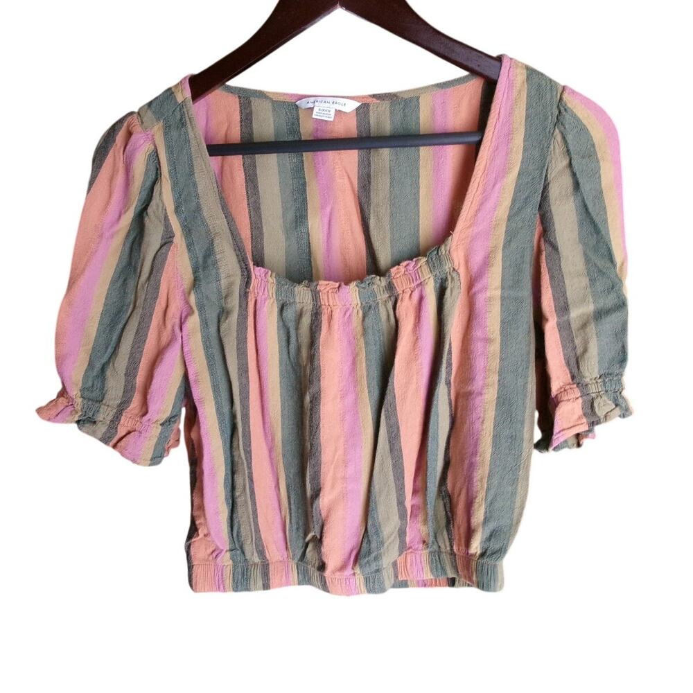 American Eagle Womens Small Striped Square Neck Puff Sleeve Boho Top